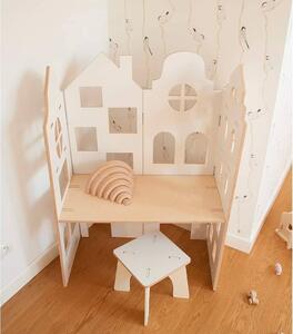 Dřevěný stůl ve tvaru domku 2v1 do dětského pokoje Zvolte barvu stran: Bílá, Zvolte barvu polic: Bílá