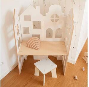 Dětský stůl ve tvaru domku 2v1 + stolička bez opěrátka Zvolte barvu stran: Nelakovaná, Zvolte barvu polic: Nelakovaná