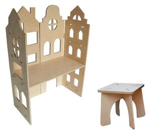 Dětský stůl ve tvaru domku 2v1 + stolička bez opěrátka Zvolte barvu stran: Nelakovaná, Zvolte barvu polic: Nelakovaná