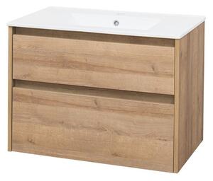 MEREO - Opto, koupelnová skříňka s keramickým umyvadlem, dub, 2 zásuvky, 810x580x458 mm (CN921)