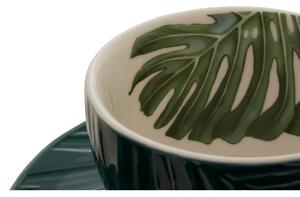 PremierHousewares Šálek na kávu s podšálkem Bali, tmavě zelená, dekor listy, 250 ml