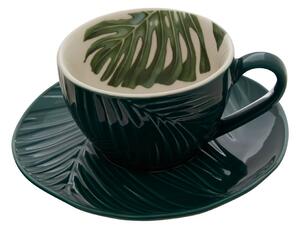 PremierHousewares Šálek na kávu s podšálkem Bali, tmavě zelená, dekor listy, 250 ml