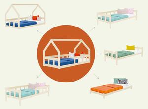 Nízká domečková postel pro děti FENCE 6v1 se zábranou - Nelakovaná, 90x160 cm, S otevřeným vstupem