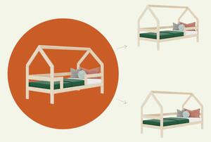 Dětská dřevěná postel domeček SAFE 3v1 se zábranou a přistýlkou - Nelakovaná, 90x160 cm, S otevřeným vstupem