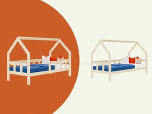 Dětská postel domeček FENCE 2v1 ze dřeva se zábranou - Nelakovaná, 90x160 cm, S otevřeným vstupem
