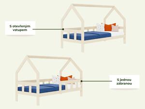 Dětská postel domeček FENCE 2v1 ze dřeva se zábranou - Světle modrá, 90x160 cm, S otevřeným vstupem