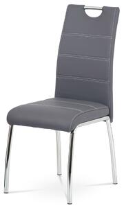 Jídelní židle, potah šedá ekokůže, bílé prošití, kovová čtyřnohá chromovaná podn