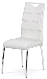 Jídelní židle, potah bílá ekokůže, černé prošití, kovová čtyřnohá chromovaná pod