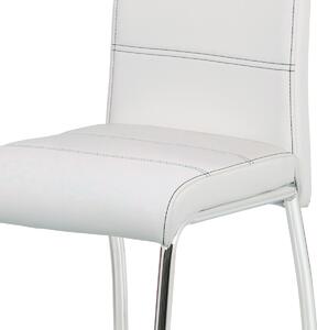 Jídelní židle, potah bílá ekokůže, černé prošití, kovová čtyřnohá chromovaná pod