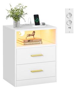 Moderní noční stolek s LED, USB-C, 2 zásuvky, bílý, 40x30 cm