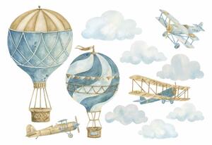 Dětská nálepka na zeď Retro balloons and airplanes - tři letadla, dva balóny a mraky