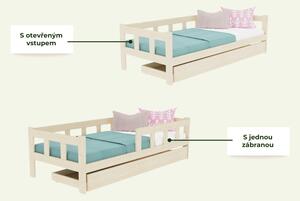 Dětská jednolůžková postel FENCE 4v1 se zábranou a úložným šuplíkem - Nelakovaná, 90x200 cm, S otevřeným vstupem
