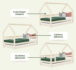 Dětská dřevěná postel domeček SAFE 3v1 se zábranou a přistýlkou - Nelakovaná, 90x160 cm, S otevřeným vstupem