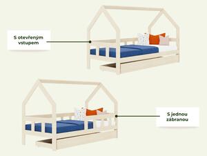 Dětská postel domeček FENCE 2v1 ze dřeva se zábranou a úložným šuplíkem - Nelakovaná, 90x200 cm, S otevřeným vstupem