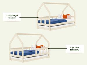 Dětská postel domeček FENCE 2v1 ze dřeva se zábranou a přistýlkou - Nelakovaná, 90x200 cm, S jednou zábranou