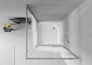 Mexen Rio, čtvercový sprchový kout s posuvnými dveřmi 90 x 90 cm, 5mm čiré sklo/pásy, chromový profil + bílá vysoká sprchová vanička Rio, 860-090-090-01-20-4510