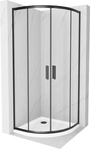 Mexen Rio, čtvrtkruhový sprchový kout s posuvnými dveřmi 80 x 80 cm, 5mm čiré sklo-pásky, černý profil + bílá sprchová vanička, 863-080-080-70-00-4110B