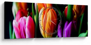 Obraz tulipánů na černém pozadí (s hodinami) (90x30 cm)