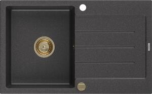 Mexen Bruno, granitový dřez 795x495x200 mm, 1-komorový, černá skvrnitá se zlatým sifonem, 6513791010-76-G