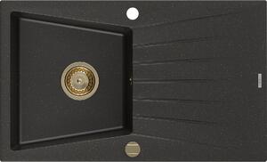 Mexen Cesar, granitový dřez 775x470x190 mm, 1-komorový, černá-zlatá metalíza se zlatým sifonem, 6514771010-75-G