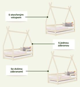 Dětská dřevěná postel SAFE 5v1 ve tvaru teepee se zábranou a přistýlkou - Nelakovaná, 90x200 cm, S otevřeným vstupem