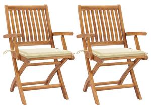 Skládací židle 2 ks s krémovými polštáři z masivního teakového dřeva 3062408