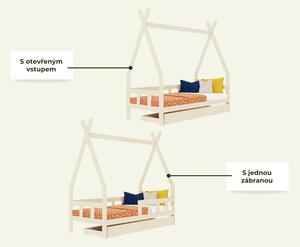 Dětská teepee postel FENCE 4v1 ze dřeva se zábranou a úložným šuplíkem - Nelakovaná, 90x180 cm, S otevřeným vstupem