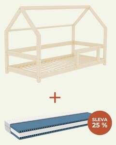 Domečková postel TERY s bočnicí 90x200 cm + matrace METROPOLIS - Nelakovaná