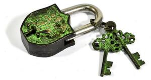Visací zámek, Hanuman, zelená patina mosaz, dva klíče ve tvaru dorje, 9cm