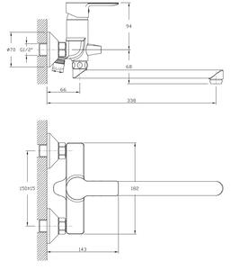 Bruckner, BARON nástěnná umyvadlová/vanová, rozteč 150mm, hubice 338mm, chrom, 612.025.1