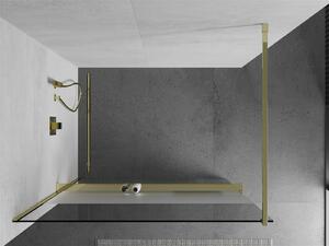 Mexen Kioto+, sprchová zástěna s poličkou a držákem na ručníky 140 x 200 cm, 8mm čiré sklo vzor námraza, zlatý profil, 800-140-121-50-35