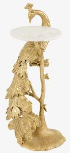 Designový kovový příruční stolek Tierra Glam s kulatou mramorovou bílou deskou a nohou ve tvaru zlatého páva 75 cm