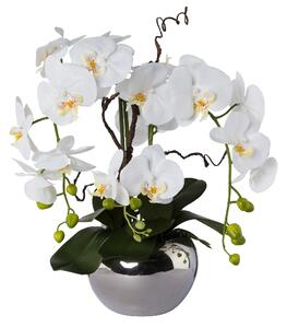 Umělá Orchidej bílá ve stříbrném květináči, 55cm