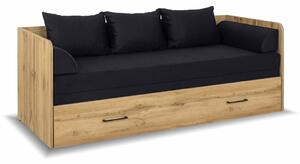Rozkládací postel s matracemi a polštáři TETRIS, dub wotan/černá