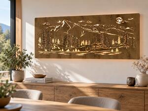 "Chata v horách" světelný obraz 230V 130x50 cm provedení povrchu: dub světlý