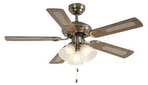 Mosazný stropní ventilátor s dřevěným potiskem a ratanem 105 cm s tahovým spínačem - Mistral Lia