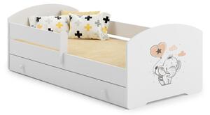 Dětská postel LUK 140 × 70 cm s úložným šuplíkem a ochrannou zábranou – motiv slůně