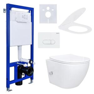 Kompletní sada závěsného sprchového klozetu Aloni bez okrajů s funkcí WC/bidet, kohoutkem na teplou/studenou vodu, měkce zavíratelným sedátkem a předstěnovým prvkem