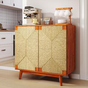 Komoda, styl mid-century boho, podstavec, dveře s texturou připomínající provázek, výška nastavitelná (hnědá)