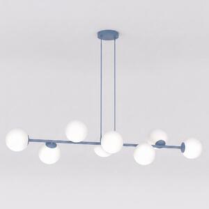 Závěsné svítidlo MAGNUS 8 – tlumeně modré, bílé sklo, 8× E14, šířka 116 cm