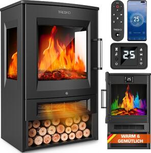 Elektrický krb TRESKO® s vytápěním včetně dálkového ovládání a aplikace WiFi | elektrický krb 1800W LED efekt plamene barevné režimy | krbový termostat, časovač | elektrická krbová kamna volně stojící krb 2 úrovně vytápění