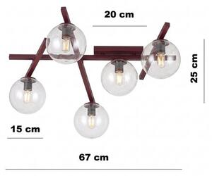 Stropní svítidlo SMART 5 – vínové, čiré sklo, 5× E14, šířka 67 cm