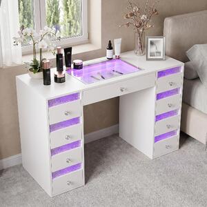 VANITII Kosmetický stolek s LED osvětlením, 9 zásuvek, bílý, rozměry 130 x 55 x 81 cm