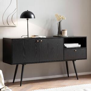 Komoda 140x75x40 cm černá s dubovým dekorem nadčasová, vysoká komoda, stojací skříň obývací pokoj se 2 dvířky a zásuvkou, komoda s otevřenou přihrádkou | Wohnling