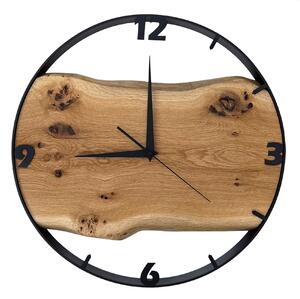 Dřevěné hodiny -45cm, přírodní dřevo - dub, černý kovový rám 45B12