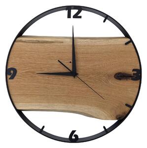Dřevěné hodiny -45cm, přírodní dřevo - dub, černý kovový rám 45B19