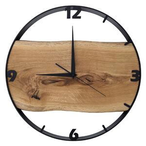 Dřevěné hodiny -45cm, přírodní dřevo - dub, černý kovový rám 45B14