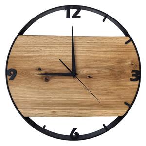 Dřevěné hodiny -45cm, přírodní dřevo - dub, černý kovový rám 45B23
