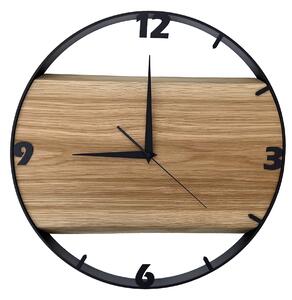 Dřevěné hodiny -45cm, přírodní dřevo - dub, černý kovový rám 45B18