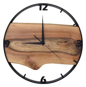 Dřevěné hodiny -45cm, přírodní dřevo - ořech, černý kovový rám 45B17